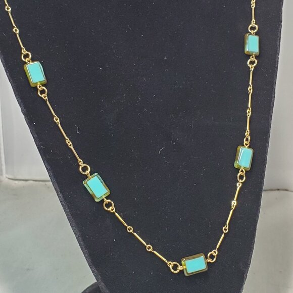 Banana Republic Gold-tone chain necklace rectangular turquoise-colored stones. - Picture 6 of 6